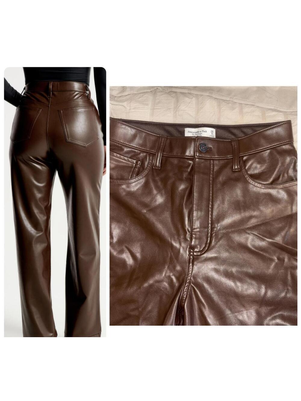 Abercrombie & Fitch The 90s Straight Ultra High Rise Brown Leather Pants 28 6/R - Picture 1 of 9